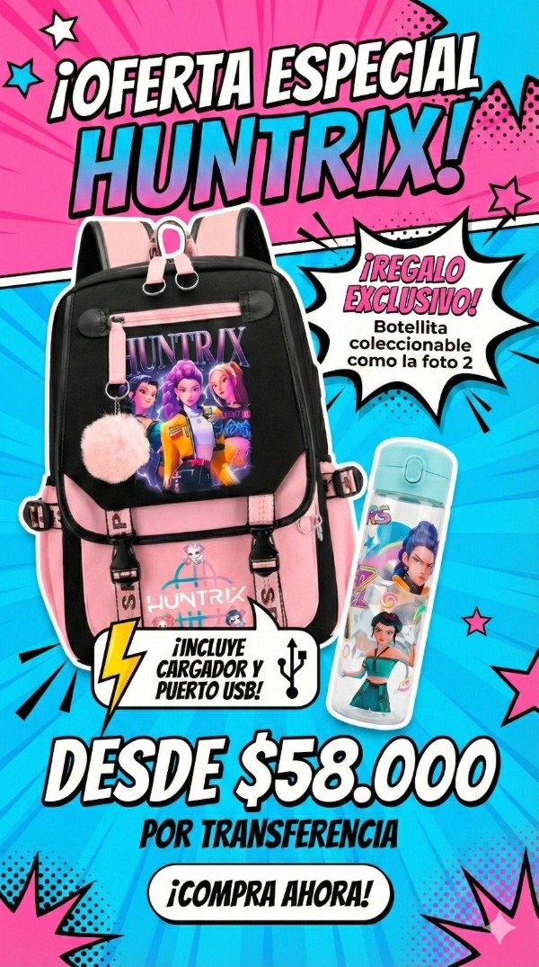 MOCHILA K-POP CON USB Y CARGADOR Y BOTELLA DE REGALO